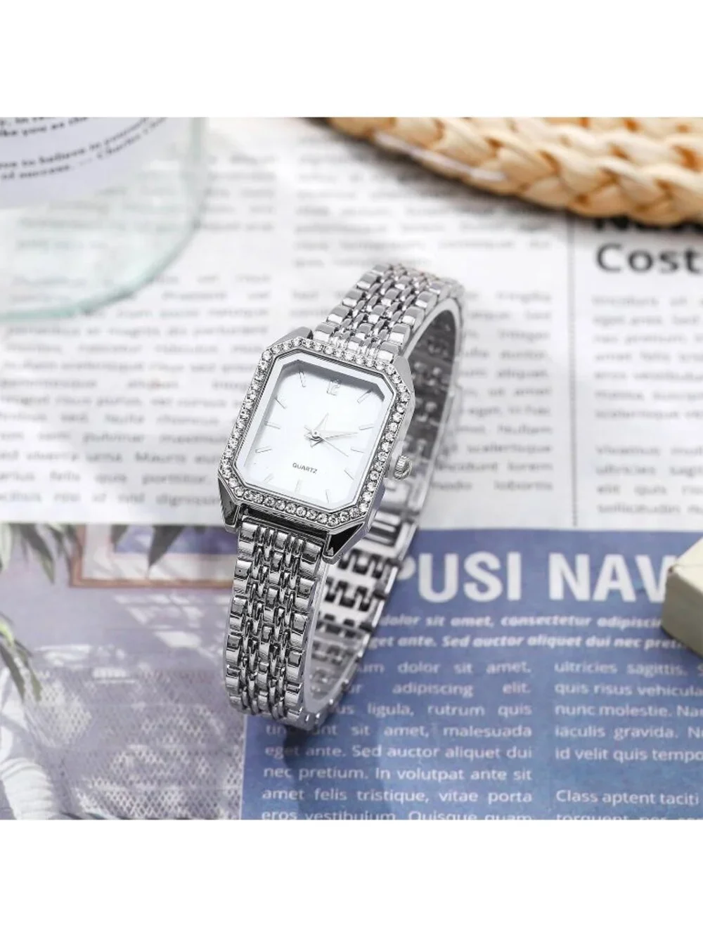 Women's All Silver Jewelry Stainless Steel Diamond Bracelets Set Square Watch